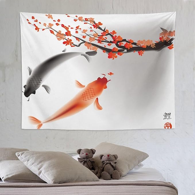 Houselerax Japanese Koi Fish Tapestry, Cherry Blossoms Asian Oriental Flower Branch Koi Fish Carp Tapestries Wall Hanging for Bedroom Living Room Office Decor 80"x60"