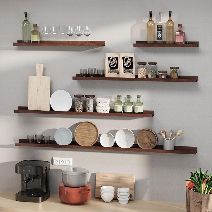 SAUMONIERES Picture Ledge Shelf Floating Book Shelves Set of 2 Wall Mounted Solid Wood for Bedroom Bathroom Living Room Kitchen, 55 Inch Walnut