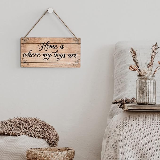 SENJIAN Rustic Family Quote Wood Decor Sign, Home is Where My Boys are Printed Wood Sign Wall Art, Hanging Door Sign, Decorative Wood Sign Home Decor 6" x 12"