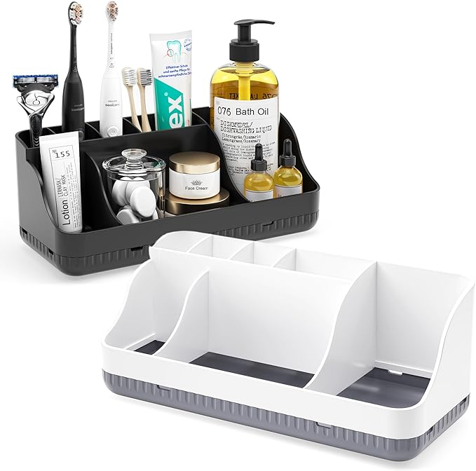 Bathroom Counter Organizer and Storage, 7 Slots Detachable Toothbrush Holders for Bathrooms, Anti-Slip Electric Toothbrush and Toothpaste Holder Countertop Vanity Organizer Accessories for Adults Kids