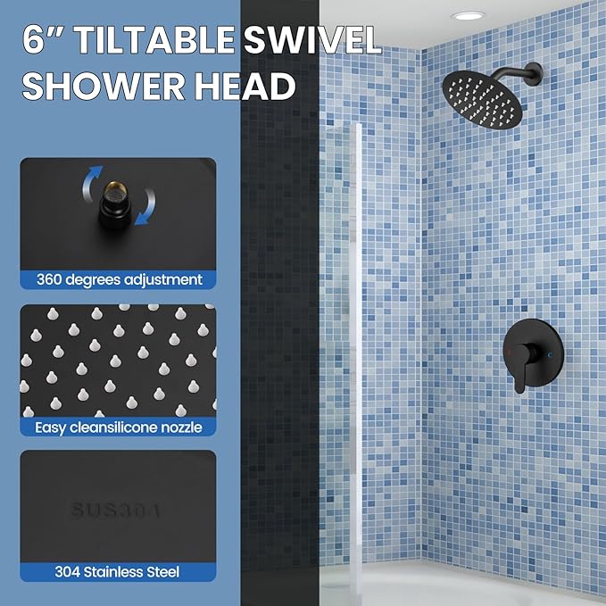 Airuida Shower Faucet Set,Single Function Shower Trim Kit,Wall Mount 6 Inch Round Rainfall Shower Head and Handle Set,Single Handle Shower System Set Male Threads Rough-in Valve Matte Black