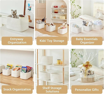 Small Cotton Rope Storage Basket Set of 3-11"x7"x7" Perfect Woven Baskets for Storage, Ideal Storage Baskets for Organizing Toys, Towels, and More - Baskets for Shelves and Home Decor（White）
