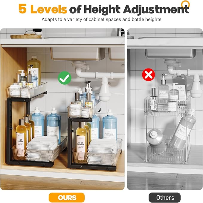 2 Pack Under Sink Organizer, 2-Tier Pull Out Cabinet Organizer, Elegant Acrylic Under Sink Storage Shelf for Kitchen Bathroom Cabinet, L-Shaped Adjustable Height for Maximum Space Efficiency-Black