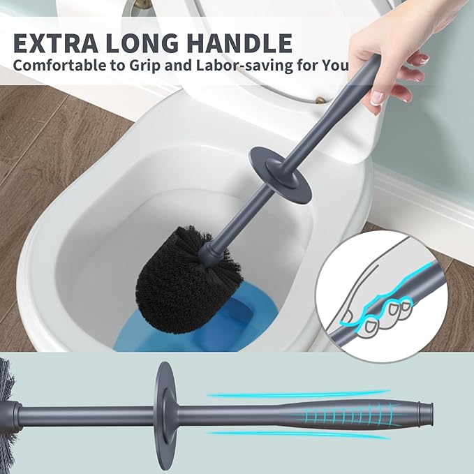 UPTRONIC Toilet Brush, Toilet Bowl Brush with Extra Long Handle Durable Bristles Toilet Scrubber and Covered Holder for Toilet Brush Set for Bathroom Cleaning (Gray, 1 Set)