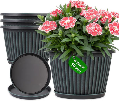 10 Inch Planter-Pots-for-Plants-Indoor-Outdoor, 4 Pack Plastic Flower Pots with Saucer & Drainage Holes, Modern Decorative Resin Garden Pots