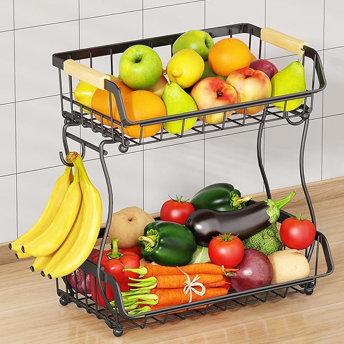 2 Tier Fruit Basket with 2 Banana Hangers, Detachable Countertop Fruit Bowls for Kitchen Counter, Metal Wire Fruit Vegetable Storage Holder Stand with Wooden Handles for Bread, Snacks, Veggies