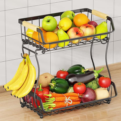 2 Tier Fruit Basket with 2 Banana Hangers, Detachable Countertop Fruit Bowls for Kitchen Counter, Metal Wire Fruit Vegetable Storage Holder Stand with Wooden Handles for Bread, Snacks, Veggies