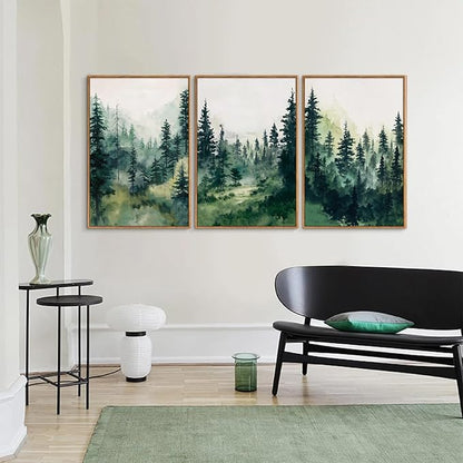 Tinonedraw Misty Forest Framed Canvas Wall Art Set, Modern Pine Trees Wall Painting, Watercolor Nature Foggy Landscape Wall Decor, Neutral Mountain ArtWork for Bedroom Living Room and Office 24"x36"x3