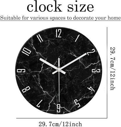 Black Minimalist Wall Clocks for Living Room Glass Marble Pattern Wall Clocks Battery Operated 12 Inch Abstract Wall Clock Non Ticking
