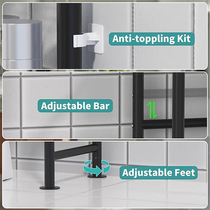 3-Tier Over The Toilet Storage with Paper Holder, Metal Bathroom Organizers and Storage for Small Space, Freestanding Bathroom Shelves with 4 Hooks, Above The Toilet Storage Shelf, Black