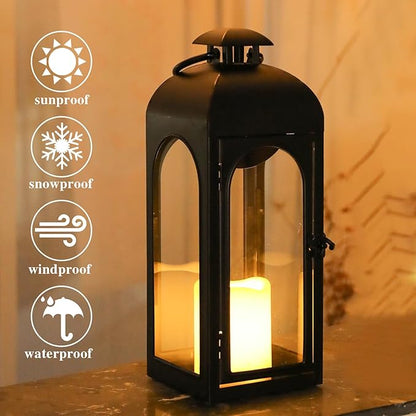Bdor 16 Inches Metal and Stainless Steel Glass Decorative Lantern with Electronic Wax Effect - Indoor/Outdoor Decorative Lighting, Handcrafted Aesthetic, Perfect for Home, Parties, and Holiday Decor