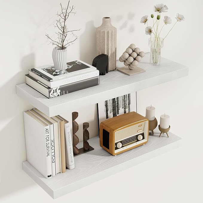 White Floating Shelves for Wall, 27.5 Inch Bathroom Shelves Set of 2, Rustic Wood Wall Shelf with Invisible Brackets for Books|Storage|Decor, 8 Inch Deep Floating Shelf for Bedroom|Kitchen