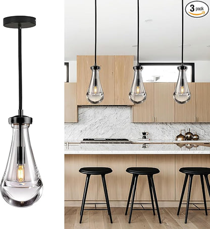 Raindrop Pendant Light Fixtures Set of 3, Black Glass Pendant Lighting, Hand BlownTeardrops Modern Hanging Light for Entryway Foyer Kitchen Island Dining Living Room Hallway
