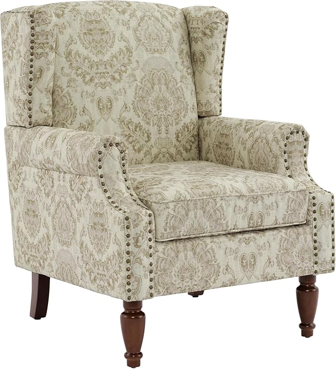 UIXE High Back Floral Accent Chair, Upholstered Armchair in Fabric for Living Room, Retro Wingback Arm Chair Comfy Single Sofa Bedroom Reading Seat with Solid Wood Legs, White