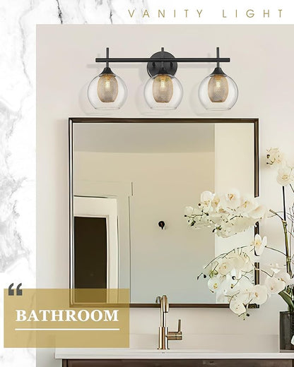 Bathroom Light Fixtures, 3-Light Black and Gold Vanity Lights Over Mirror, Farmhouse Wall Sconce Lighting with Clear Glass and Honeycomb Metal Shade, AD-22001-3W-BK