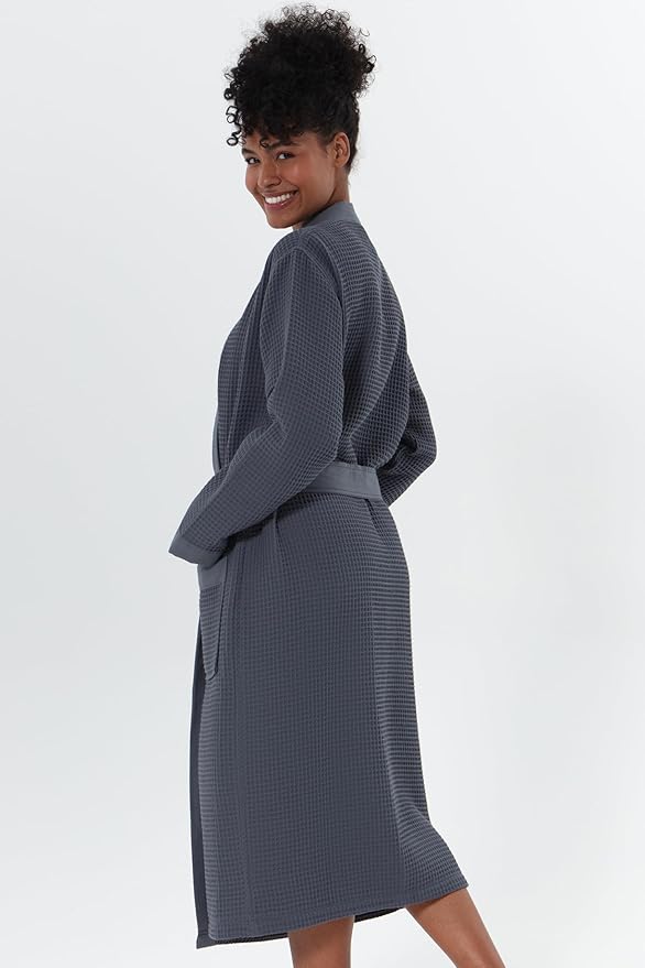 Women’s Luxury Waffle Shawl Collar, Hooded Robe w Piping – Lightweight, Long, Ultra Soft Spa Sleepwear Bathrobe