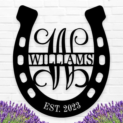 Personalized Horseshoe Metal Sign with Initial and Family Name, Custom Monogram Horseshoe Metal Sign, Horseshoe Metal Wall Art Last Name Sign Equestrian Horse Lover Gift Horseshoe Living Room Decor