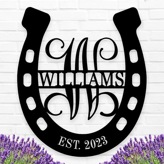 Personalized Horseshoe Metal Sign with Initial and Family Name, Custom Monogram Horseshoe Metal Sign, Horseshoe Metal Wall Art Last Name Sign Equestrian Horse Lover Gift Horseshoe Living Room Decor