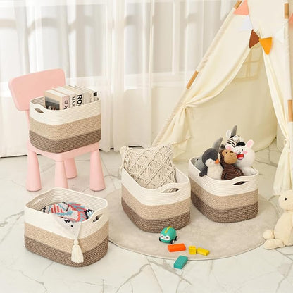 Storage Baskets for Organizing & Shelves, Woven Cotton Rope Organization Bins for Dog Toys, Clothes, Books, Nursery Organizer, 15"Lx11"Wx9.5"H, (4 Packs) Gradient Brown