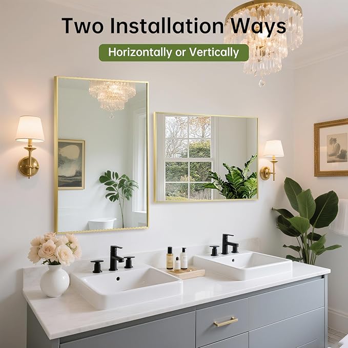 FARMER 26x38 Inch Gold Bathroom Mirror, Rectangle Wall Mounted Mirror, Vanity Mirror, Brushed Square Mirror, Framed Bathroom Mirror for Bedrooms, Entryways, Living Rooms, Horizontal/Vertical