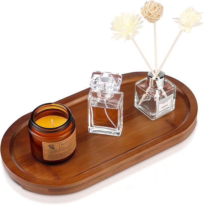 Bamboo Vanity Tray 11.4x6.3 inches, Decorative Vanity Tray for Bathroom Countertop Toilet Tank Farmhouse, Brown