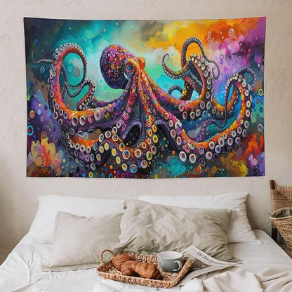 Octopus Tapestry Octopus Tapestries Ocean Navy Coastal Fabric Wall Hanging Aesthetic Space Indoor Outdoor Wall Art Tablecloth Bedspread for Bedroom Dormitory Living Room Home Decor 40"x60"