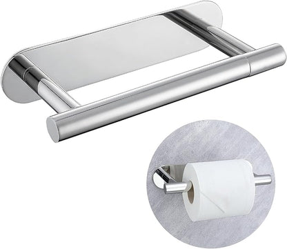 Self Adhesive Chrome Toilet Paper Holder, SUS304 Stainless Steel Toilet Roll Holder, Double Base Paper Towel Holder Wall Mount No Drilling for Bathroom, Kitchen, Washroom