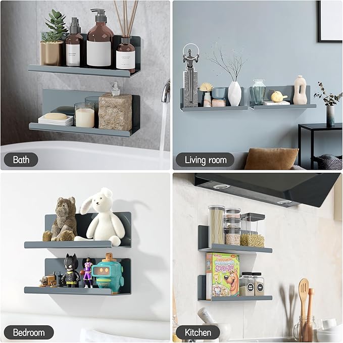 Adhesive Floating Shelves for Wall No Drilling, 12 Inch Acrylic Self Adhesive Shelves, Stick on Shelves, Dorm Wall Shelf, for Bathroom, Kitchen, Bedroom, Office, Gaming Room, Gray