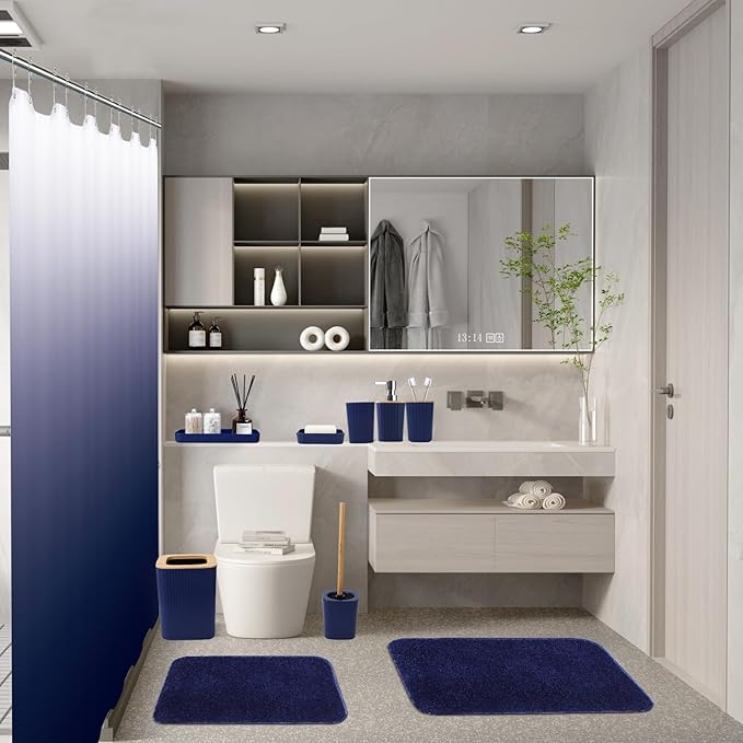 Bathroom Accessory Set–Bathroom Sets with Shower Curtain and Rugs, No Slip Bathroom Rugs Super Absorbent, Blue Ombre Water-Proof Shower Curtain with Hooks, Blue Bathroom Sets Complete for Home