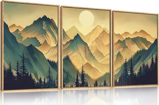 Celestdeco Mountains Forests Framed Canvas Wall Art Set, Abstract Sun Woodland Painting, Boho Scenery Sun Wall Decor, Natural Woodgrain Art Print for Living Room, Bedroom, Dining Room, Office - 16"x24"x3