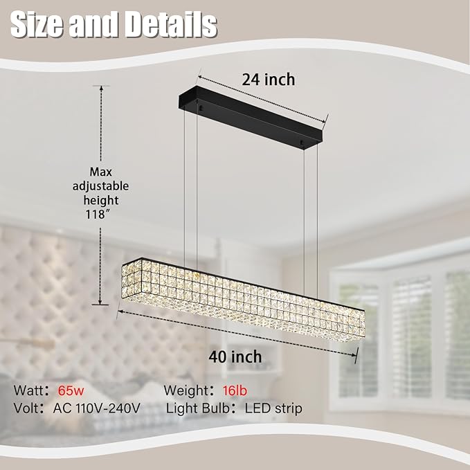 Rectangle Crystal Chandelier Modern Crystal Chandelier Black Rectangular Pendant Lighting Fixture for Dining Room Kitchen Island Bedroom (L 40")