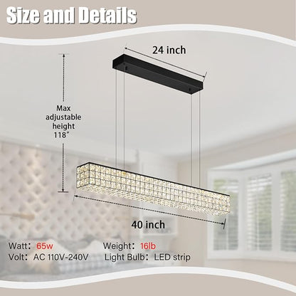 Rectangle Crystal Chandelier Modern Crystal Chandelier Black Rectangular Pendant Lighting Fixture for Dining Room Kitchen Island Bedroom (L 40")
