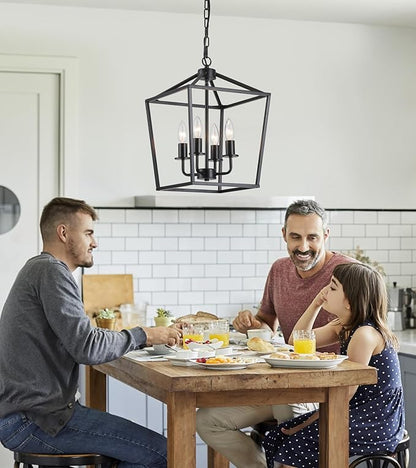 AMZASA UL Listed Black Industrial 4 Light Lantern Chandelier Ceiling Light Fixtures Farmhouse Metal Cage Rustic Geometric Pendant Light for Kitchen Island Entryway Dining Room Stairs and Hallway