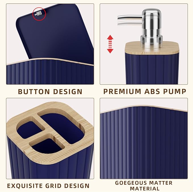 Bathroom Accessories Set - Elegant Blue Bathroom Set, 10PC Bathroom Accessory Set, Toilet Brush, Trash Can, Qtip Holder Dispenser & Soap Dispenser