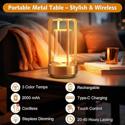 Portable Table Lamp for Outdoor Indoor: Cordless Rechargeable Desk Lamp with 3 Color Stepless Dimmable - Metal Battery Operated Small Lantern Light for Restaurant/Bedroom/Bar/Coffee Shop/Camping