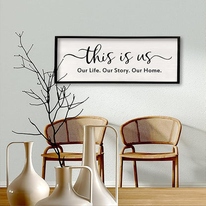 This is us Wall Decor Sign 32'' x 12'' Large Master Bedroom Home Life Story Wood Framed Vintage Family Sign Rustic Plaque Living Room Minimalist Farmhouse Hanging Wall Art (Black)