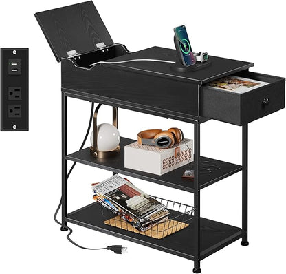 WLIVE Narrow Side Table with 2 USB Ports and 2 Outlets, Flip Top End Table with Drawer and Storage Shelves, End Stand with Charging Station for Living Room, Bedroom, Small Spaces,Black