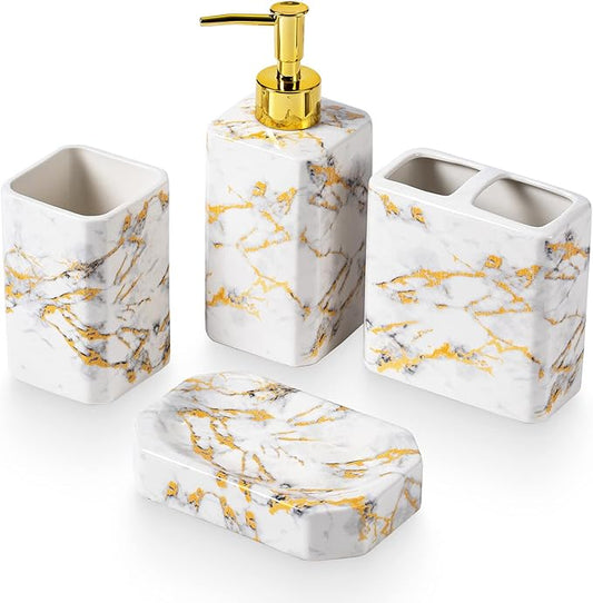 4 Piece Bathroom Accessories Set - White Bathroom Accessory Sets Includes Lotion Dispenser, Toothbrush Holder Tumbler, and Soap Dish - Glossy Finish (Marble, White)