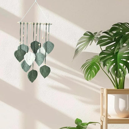 Madiffcult Macrame Wall Hanging Boho Wall Decor Woven Feather Wall Art Handmade Macrame Leaf Tapestry with Wooden Beads for Bedroom Living Room Nursery 16x27 Inch (Green)