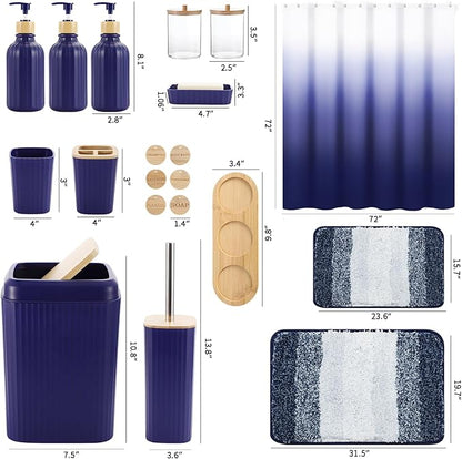 32PCS Bathroom Sets with Shower Curtain and Rugs Navy Blue Shower Curtain Set 3PCS Soap Dispenser Bathroom Accessories with Bathroom Trash Can