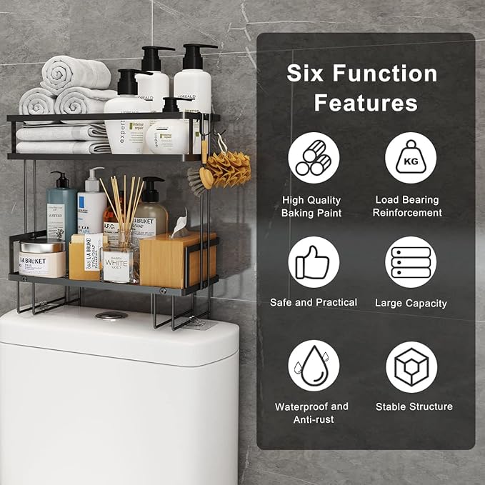 Over The Toilet Storage Shelf, 2-Tier Bathroom Storage Organizer Upgrade Punch-Free Toliet Storage Shelf, Home Storage Rack with Hooks Shelf,Black