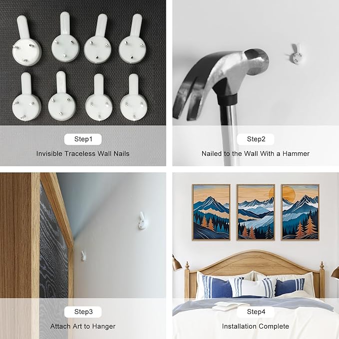 Blue Woodcut Mountain Framed Canvas Wall Art Set, Boho Abstract Ridge Wall Decor, Pine Tree Landscape Wall Painting, Sunrise Forest Art Print for Living Room, Bedroom, Office - 16"X24"X3