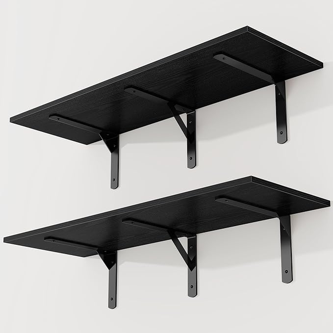 36 Inch Black Floating Shelves Wall Mounted, 12 Inch Deep Wall Shelves with Visible Brackets, Deep Bookshelf for Home, Rustic Bathroom Shelf, Deep Shelves for Plant, Books, Set of 2