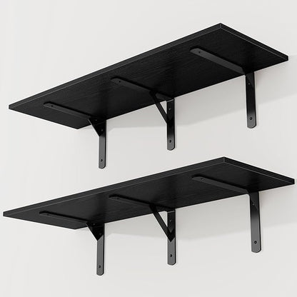 36 Inch Black Floating Shelves Wall Mounted, 12 Inch Deep Wall Shelves with Visible Brackets, Deep Bookshelf for Home, Rustic Bathroom Shelf, Deep Shelves for Plant, Books, Set of 2