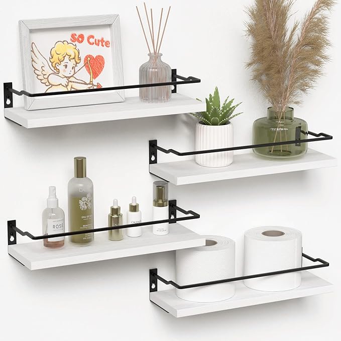 RICHER HOUSE White Bathroom Floating Wall Shelf Set of 4, Small Organizer Over Toilet Storage, Guard-Rail Kitchen Shelves - White