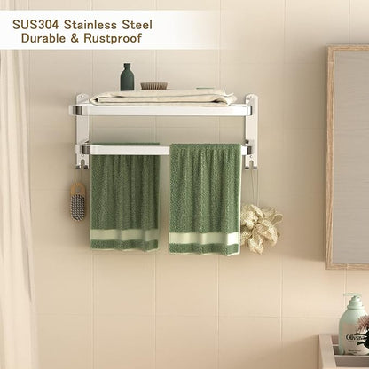 DDS-DUDES Bathroom Towel Rack Towel Shelf with Double Towel Bars Lavatory Wall Mount Holder with Hooks Stainless Steel Hotel Bath Rack 15 inches