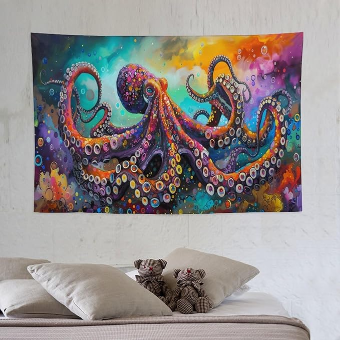 Octopus Tapestry Octopus Tapestries Ocean Navy Coastal Fabric Wall Hanging Aesthetic Space Indoor Outdoor Wall Art Tablecloth Bedspread for Bedroom Dormitory Living Room Home Decor 40"x60"