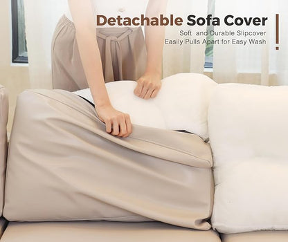 118.5" Faux Leather Modular Sectional Sofa with Storage Seat, Modern 6 Seater Couch Deep Seat with Removable Cover DIY Combination Whitesand