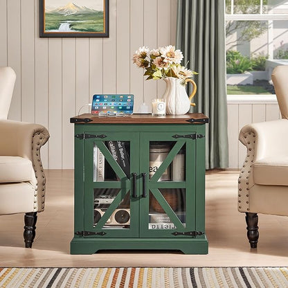 24" End Table with Charging Station, Farmhouse Night Stand with Glass Barn Door, Green Nightstands with Adjustable Storage Shelf, Large Wood Square Bed Side Table for Living Room, Bedroom