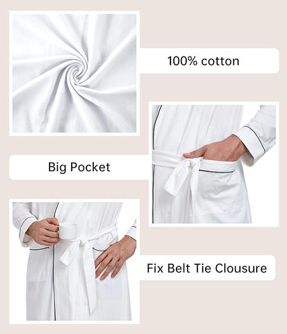 COLORFULLEAF Mens 100% Cotton Robes Lightweight Summer Long Bathrobe Sleepwear Soft Knit Spa Robe with Pockets